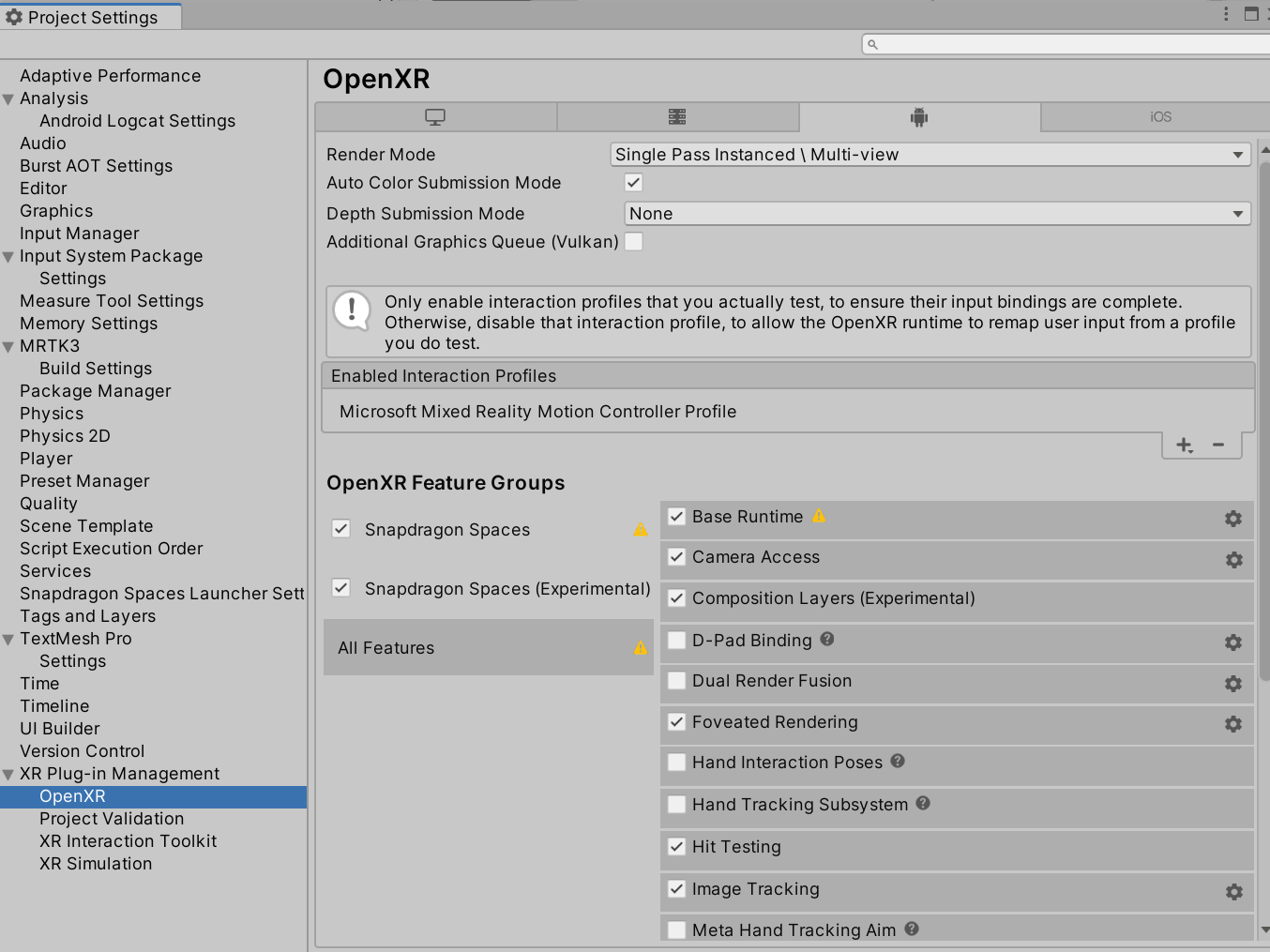 OpenXRのInteraction Profiles設定画面